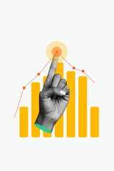 Vertical collage poster 3d hand wrist body fragment finger gesture pointing sign statistics charts...