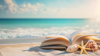 Serene Open Book on a Sandy Beach With Ocean Waves Under a Clear Sky Representing Relaxation and Tranquility
