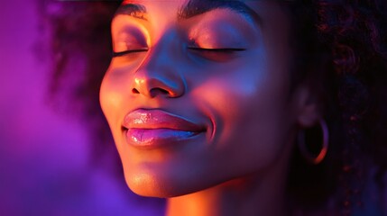 Euphoric moment of relaxation urban setting portrait photography colorful lighting close-up view inner peace concept