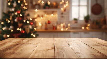 An empty wooden table is displayed against a Scandinavian-style, light Christmas kitchen. Background of Christmas. The product montage is prepared. Happy Holidays and a Prosperous New