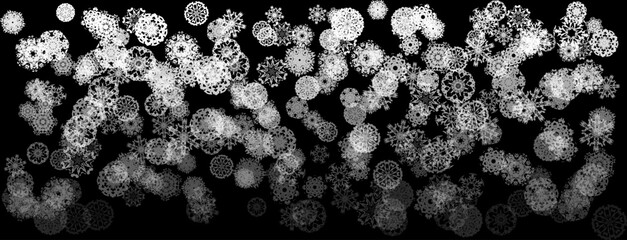 Abstract pattern of falling transparent snowflakes on a translucent background. Perfect for a banner, greeting card, Christmas or New Year card, invitation or wrapping paper