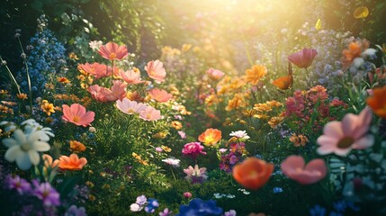 Garden in Soft Morning Light with Colorful Flowers Blooming for Elegant and Serene Nature Background