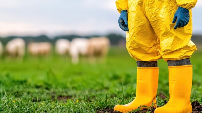 Farmer inspecting livestock, with biosecurity protocols like protective gear and disinfectant footbaths in place.