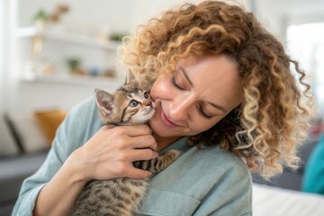 Obraz premium Young caucasian female embracing kitten with love and affection at home.