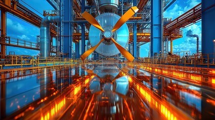 Fototapeta premium Industrial environment with large turbine and bright reflections on the ground surface