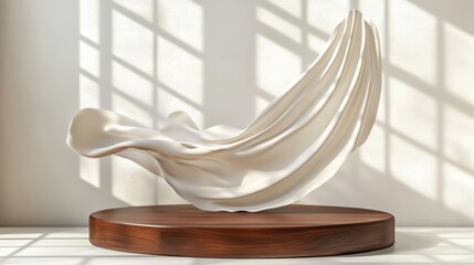 3D podium display with brown wood frame and flying silk, ideal for luxury feminine mockups. 