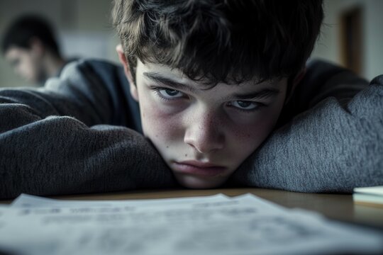 Young caucasian male teen looking bored at school desk with papers.