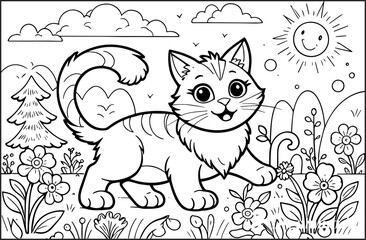 Cute Cat line art illustration for a children's coloring book