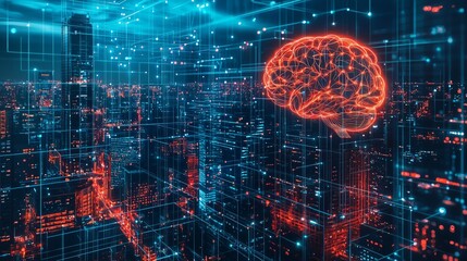 Futuristic cityscape featuring a glowing digital brain, symbolizing artificial intelligence and data networks integrated into urban infrastructure at night.