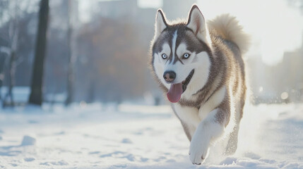 Naklejka premium Cute dog running in snow in winter park during daytime