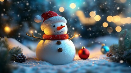 Cheerful Snowman Made of Polymer Clay With Scarf and Hat in a Festive Snowy Setting Surrounded by Glowing Holiday Lights
