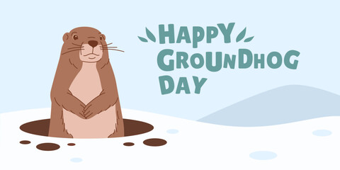 Vector banner of a cartoon groundhog emerging from his hole surrounded by snow. Groundhog against a winter landscape. Rodent illustration for children's books, covers, coloring books, postcards