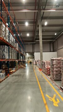 View FPV drone flight inside industrial warehouse. Logistics park. Huge storage interior with rows of delivery goods.