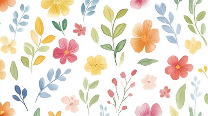 Colorful Floral Pattern with Leaves and Blossoms