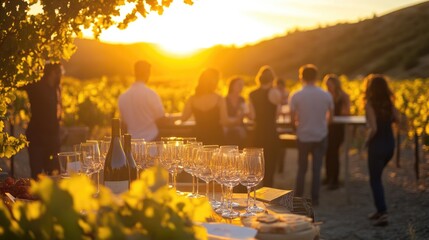 An exquisite image of an outdoor wine tasting event set against the backdrop of a stunning vineyard at sunset