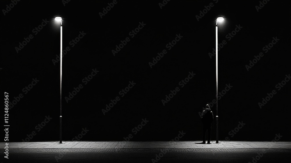 Poster a lone person is positioned on an empty street, illuminated by streetlights. the surrounding area is