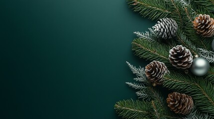 Evergreen Pine Branches with Pinecones and Silver Baubles Against Dark Background Creating a Traditional Holiday Scene