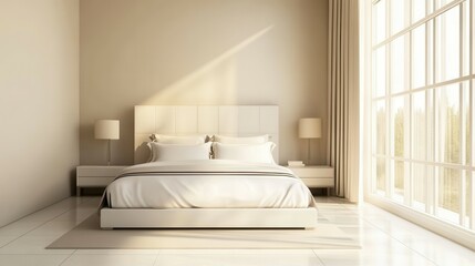 Elegant minimalist bedroom with natural light and modern decor.