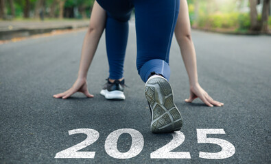 New Year Start Concept, Young Woman Wearing Running Shoes Stepping Towards Goal Of Success, Road...
