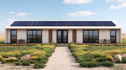 Modern Eco-Friendly House with Solar Panels Surrounded by Scenic Landscape and Greenery