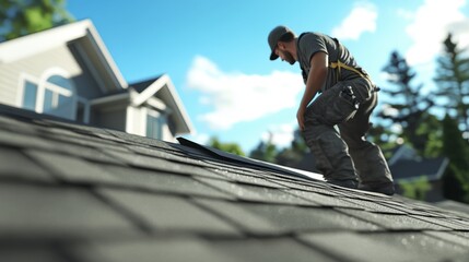 Experienced Roofer Installing New Shingles on Sloped Roof of Residential Home in Sunny Weather