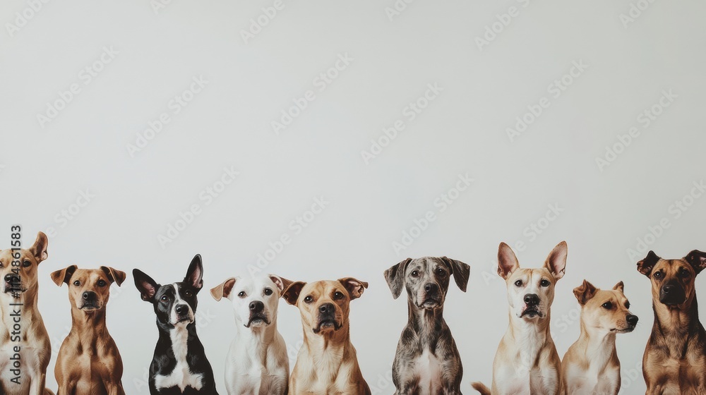 Poster a mix of dog breeds and sizes sit together, showcasing their unique features and friendly faces with