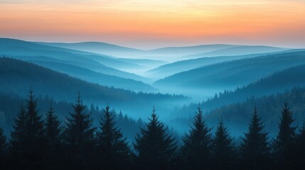 Obraz premium Serene Dawn Over Misty Blue Hills and Forests in Calm Natural Landscape Setting