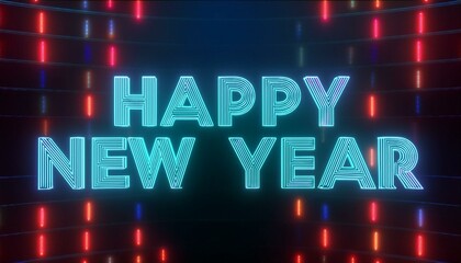 Retro neon graphics for Happy New Year to celebrate the new year of 2025; Happy New Year text with 1980s retro graphics with neon lights; graphic resources; graphic elements; 2025 new year celebration