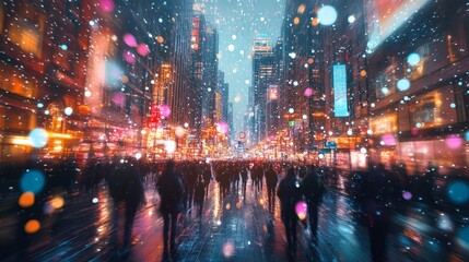 Naklejka premium Vibrant city street with silhouettes and colorful light bokeh