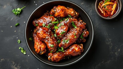 Fototapeta premium Spicy Korean Chicken Wings in Sticky Sweet Sauce Garnished With Sesame Seeds and Fresh Green Onions in Rustic Bowl on Dark Wooden Background