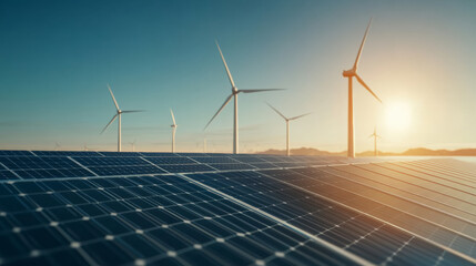 Renewable Energy Sources With Solar Panels and Wind Turbines Generating Electricity at Sunset in a Scenic Landscape