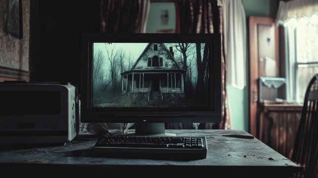 An image of computer screen showing an image of haunted house