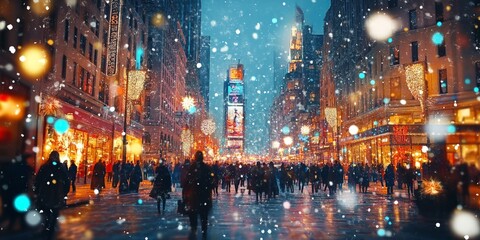 Obraz premium Vibrant city street with silhouettes and colorful light bokeh