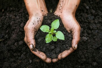 Hands holding green plant growing in rich soil.