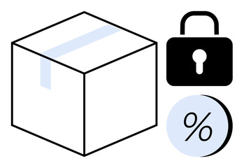 Package with tape, black lock, and percentage symbol. Ideal for e-commerce, online security, shopping discounts, delivery services, warranties, retail promotions, shipping safety. Line metaphor