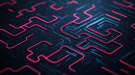 Glowing isometric design featuring neon nodes and cyber network