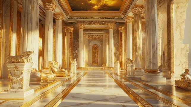 An image of the inside of a golden luxury palace with white marble and golden furnishings. - Powered by Adobe