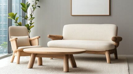 Modern Minimalist Living Room with Wooden Furniture and Neutral Color Palette