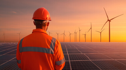 Worker Observes Solar Panels and Wind Turbines at Sunset, Highlighting Renewable Energy Solutions in a Sustainable Future
