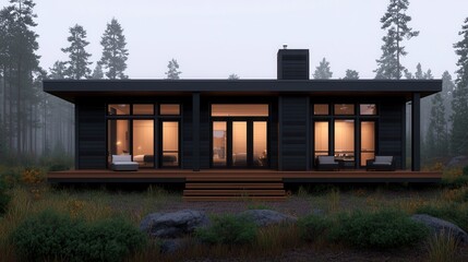 Fototapeta premium Modern Minimalist House Surrounded by Forest in Soft Foggy Atmosphere Evening Light