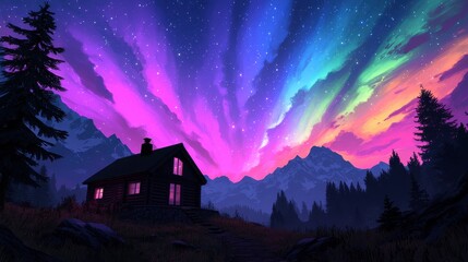 Vibrant Aurora Borealis Over Tranquil Cabin in Majestic Mountain Landscape at Night