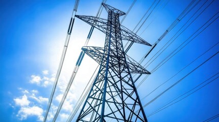 High Voltage Electric Power Lines Against Blue Sky