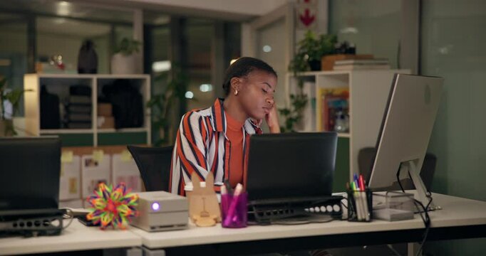 Tired, black woman and night with computer for fatigue, burnout or overworked at office. African, female person or web designer falling asleep with stress or working late for deadline at workplace