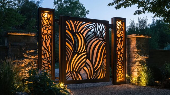 Abstract gate design with laser-cut metal panels showcasing intricate patterns, illuminated by LED strips for an artistic touch