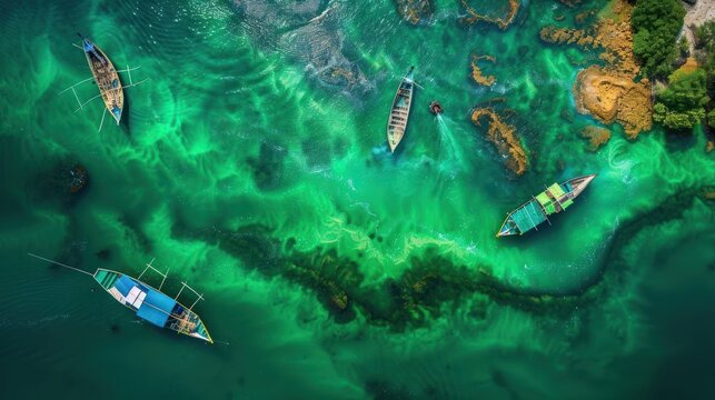 Aerial view of boats on vibrant green water with rocky formations.