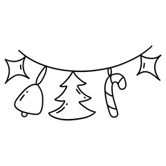 Festive garland wit little New Years toys. Christmas tree, lollipop, stars and bell. Black and white vector isolated illustration hand drawn doodle. Interior decoration. Winter holiday season