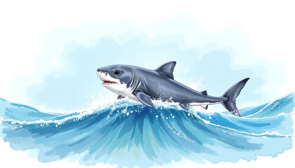 Obraz premium Cute baby shark jumping out of the water playfully against a bright blue watercolor background.