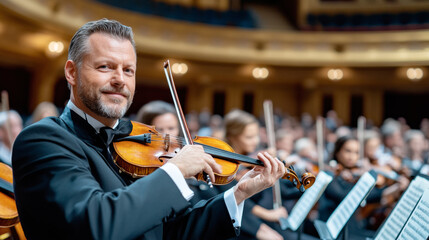 Violinist Performs in Front of a Large Orchestra at a Concert Hall During an Evening Classical Music Event