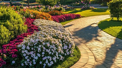 Obraz premium Sunny garden path with vibrant flowerbeds and lush greenery