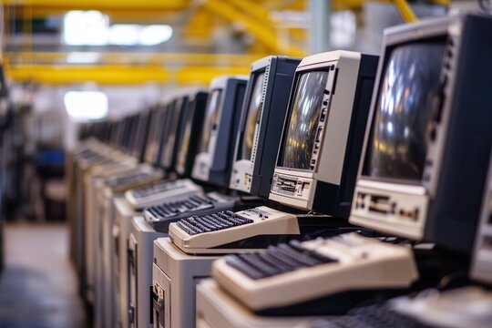 Row of vintage computers in industrial setting with monitors and keyboards.